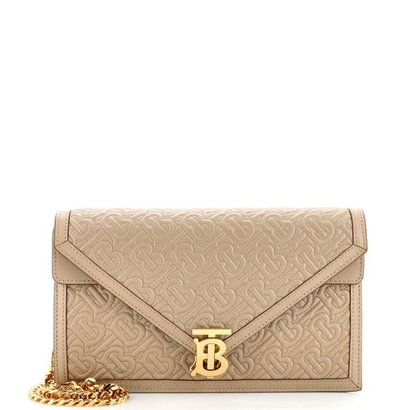 Burberry Handbags - Burberry TB Envelope Chain Clutch Monogram Embossed Leather Small Neutral